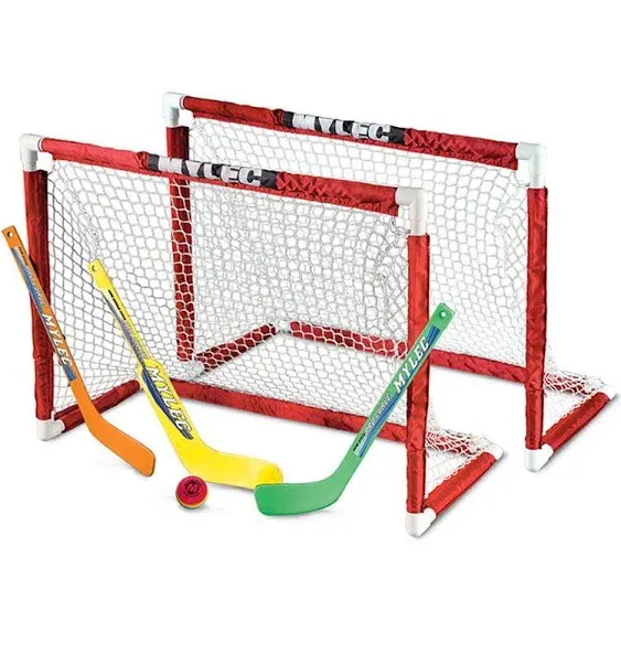 Mylec MINI Hockey Set, 2 x MINI PVC Hockey Goals (30.5" x 23"), 2 x Plastic MINI Player Sticks (Left and Right), 1 x Goalie Stick, 1xHockey Foam Ball