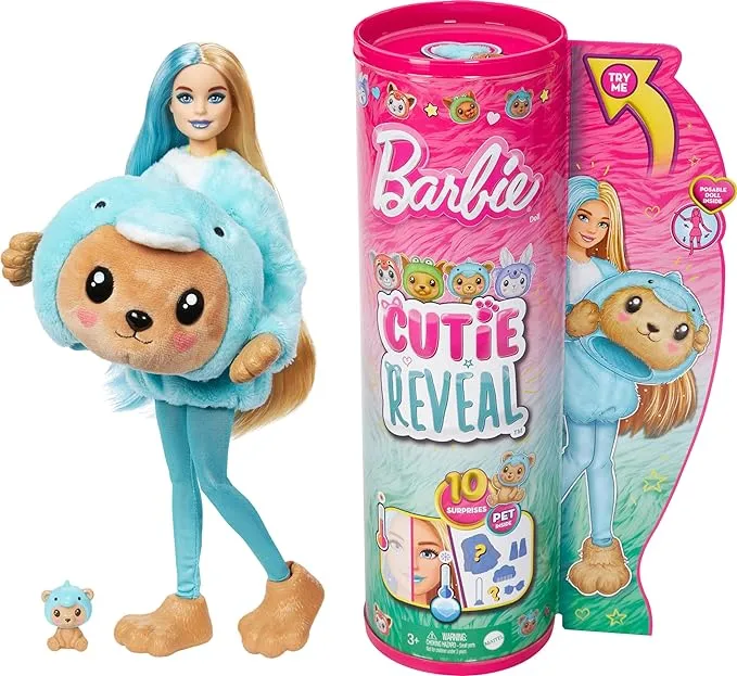 Barbie Cutie Reveal Doll & Accessories with Animal Costume & 10 Surprises Including Color Change, Teddy Bear as Dolphin in Costume-Themed Series