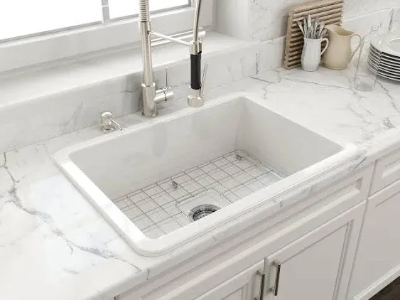 BOCCHI Sotto Dual-Mount Fireclay 27 in. Single Bowl Kitchen Sink with Protective Bottom Grid and Strainer in Matte White