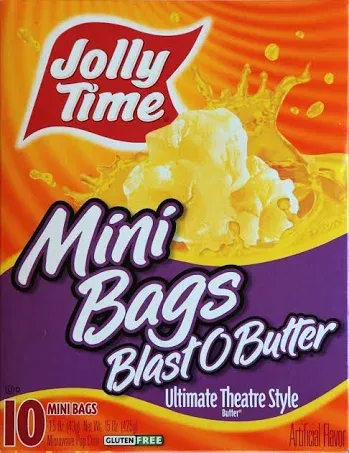 Jolly Time Blast O Butter, Ultimate Movie Theater Butter Microwave Popcorn, 1.5oz Personal Bag, 10 Bags Per Carton (Blast O Butter Minis, 1.5 Ounce (Pack of 10))