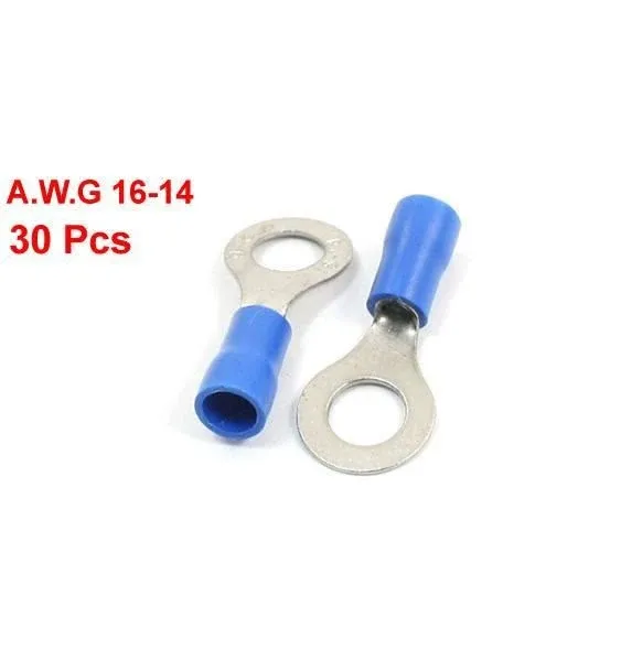 30pcs PVC Insulated Ring Terminal Cable Lugs Blue RV2-6 AWG 16-14