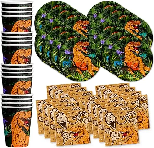 Roaring Dino Jurassic T-Rex Dinosaur Birthday Party Supplies - Dinosaur Decorations for Birthday Party - Dinosaur Birthday Set Plates  Napkins  and Cups | Tableware Kit for 16