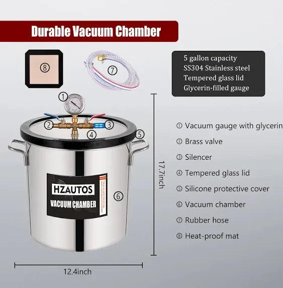 HZAUTOS 5 Gallon Tempered Glass Lid Vacuum Chamber and 4CFM 1 Stage Vacuum Pump HVAC for Stabilizing Wood, Degassing Silicones, Epoxies and Essential