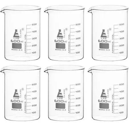 Eisco Labs Beaker - 600mL, Borosilicate Glass, 50mL Graduation Low Form - Pack of 6