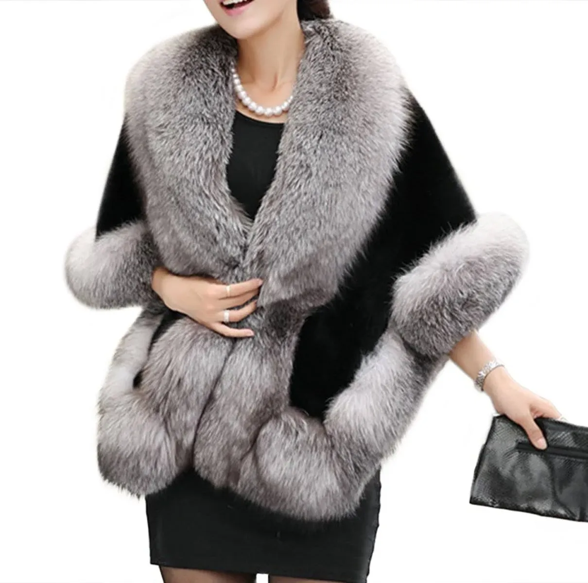 Old Dird Women's Winter Faux Fur Wedding Bride Wrap Shawl Cape Cloak Evening Jacket PS37 Black&Gray