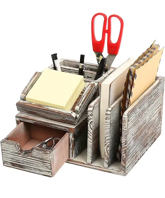 Torched Wood Desktop Office Organizer with Sticky Note Pad Holder, Mail Sorter and Pullout Drawer