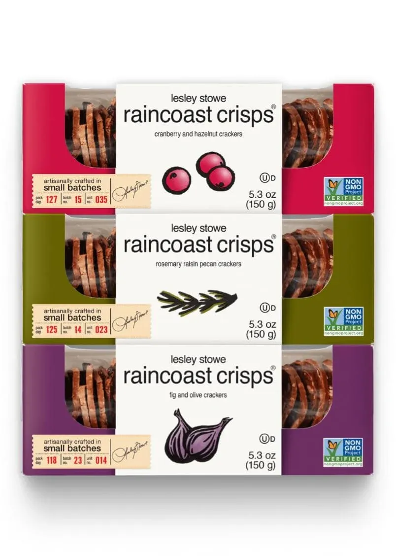 Lesley Stowe Raincoast Crisps Variety Pack - 1 Hazelnut Cranberry Crackers, 1 Rosemary Raisin Pecan Crackers, 1 Fig And Olive Crackers, 5.3 Ounces Each