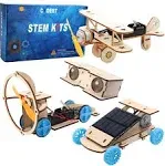 DIY Wooden Science Model Kit Solar Power Car,Electric Motor Biplane Glider,Toy Binoculars and Wind Power Car,Stem 4 in 1 Set