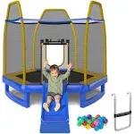 7FT Kids Recreational Trampoline w/Ladder &amp; Slide Ocean Ball Indoor Outdoor ASTM