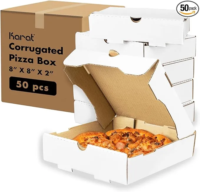 Karat Pizza Boxes 8" x 8" [50 Pack] White Grease-Resistant Corrugated Pizza Box, Ventilated & Convertible to Plate, Perfect for Personal & Pizzas