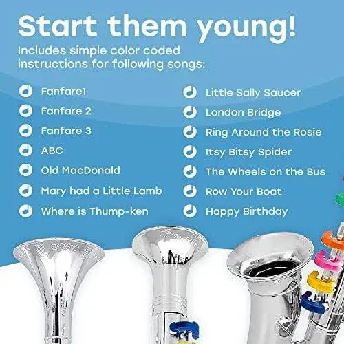 Set of 3 Kids Musical Instruments Toy Clarinet, Toy Saxophone and Toy Trumpet, 3 Wind and Brass Musical Instruments Combo with Over 10 Color Keys Coded Teaching Songs for Toddlers