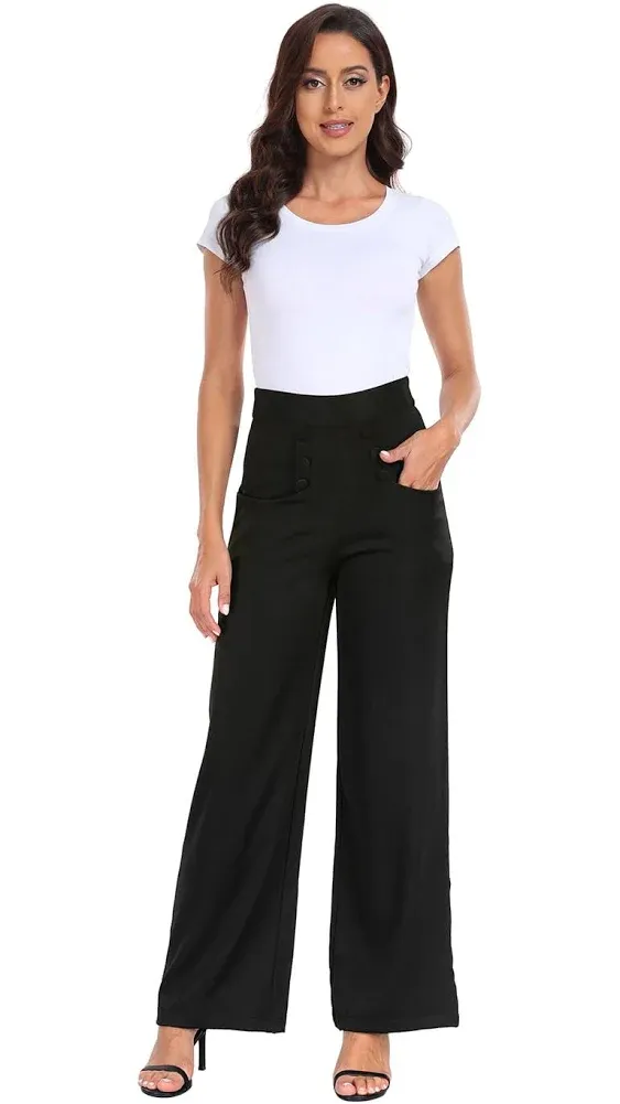 HDE Super High Waisted Wide Leg Pants Tailored Office Work Trousers with Pockets