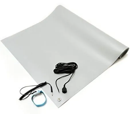 Bertech ESD Anti-Static Table Mat Kit, 2 Ft x 4 Ft, Gray, Includes an ESD Wrist Strap and ESD Grounding Cord, MADE IN USA