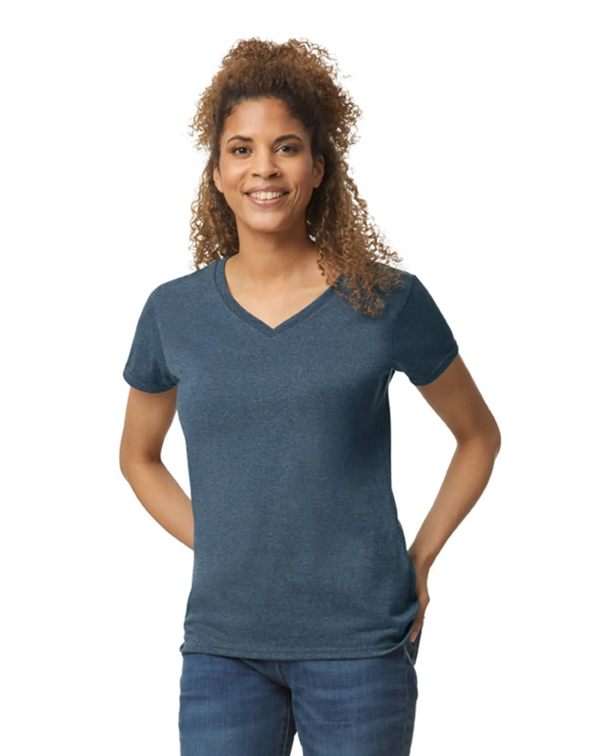 Gildan Ladies' Heavy Cotton V-Neck T-Shirt Heather Navy-S