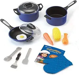 Learning Resources Pretend & Play Pro Chef Set, Kitchen Toys for Kids, Pretend Kitchen, Pots and Pans for Kids, 13 Pieces, Ages 3+