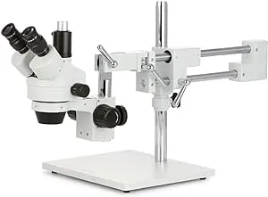 AmScope SM-4TPZ Professional Trinocular Stereo Zoom Microscope with Simultaneous Focus Control, WH10x Eyepieces, 3.5X-90X Magnification, 0.7X-4.5X Zoom Objective, Ambient Lighting, Double-Arm Boom Stand, Includes 0.5X and 2.0X Barlow Lens