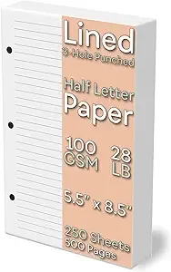 Half Letter Lined Paper, 3-Hole Punched, 250 Sheets/500 Pages, 100 GSM, Line Paper Binder Refill, 5.5 in. x 8.5 in., Fits in Half Letter 3-Ring