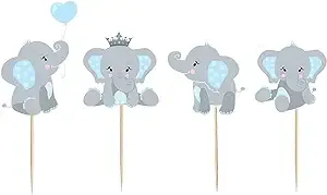 Finduat 48 Pieces Blue Elephant Cupcake Toppers for Boy Baby Shower Decorations Supplies, Baby Boy Birthday Party Supplies(Double Sided)