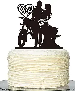 Motorcycle Wedding Cake Topper,Funny Mr & Mrs, Bride and Groom Wedding Party Decoration —Black