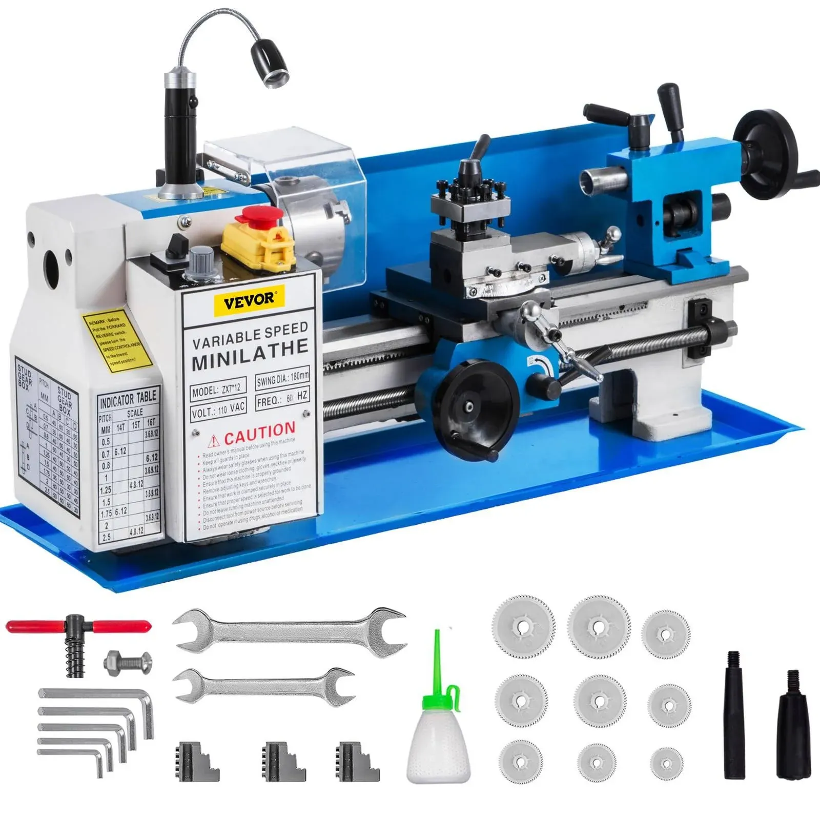 VEVOR Metal Lathe 7"x12",Precision Bench Top Mini Metal Lathe 550W, Metal Lathe Variable Speed 50-2500 RPM Nylon Gear With A Movable Lamp for Precision Parts Processing