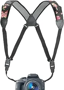 USA Gear DSLR Camera Strap Chest Harness with Quick Release Buckles, Floral Neoprene Pattern and Accessory Pockets - Compatible with Canon, Nikon, Sony and More Point and Shoot and Mirrorless Cameras