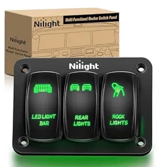 Nilight 3 Gang Rocker Switch Panel Aluminum 5 Pin ON Off Toggle Switch Panel LED Light Bar Switch SPST 12V-24V Green Switches for Marine Boats,Cars,ATVs,UTVs