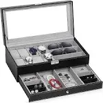 TomCare Upgraded Watch Box Watch Case Jewelry Organizer Holder Jewelry Display Box Case Drawer Sunglasses Storage Earrings Storage Organizer Lockable with Glass Top and PU Leather for Men Women, Black