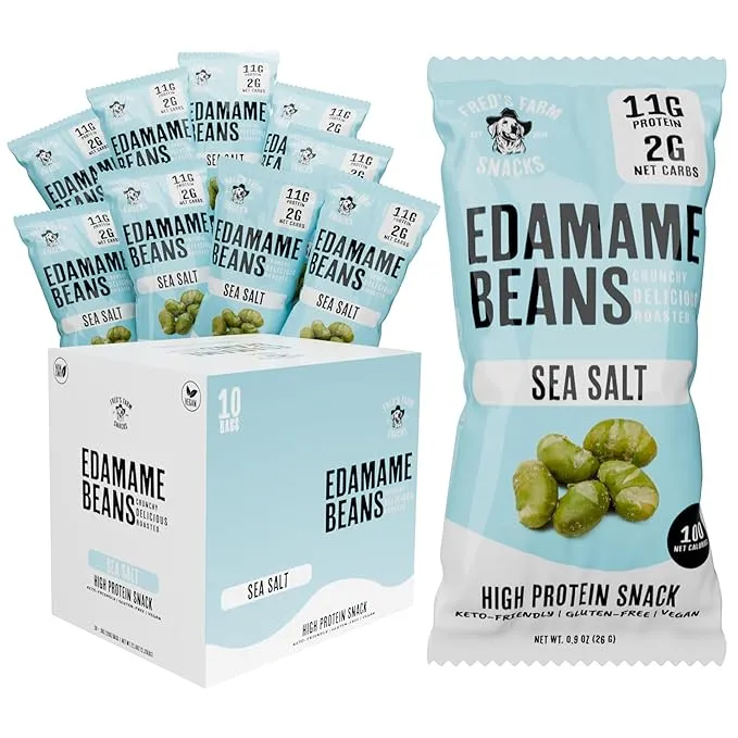 Fred's Farm Roasted Edamame Snacks - Sea Salt & Buffalo Variety, Low Calorie (0.9oz, 10-Pack) | Keto-Friendly, Low Carb, High Protein (11g) | Vegan, Gluten-Free | Ideal Crunchy Snack for Office and On-the-Go