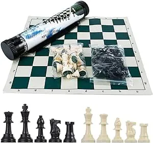 Tournament Chess Set: Portable and Professional Set with Travel Portable Plastic Tube Roll. Plastic Staunton Chess Pieces, Foldable Vinyl Chess Board.(Green, 13X13IN)