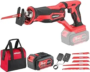 POPULO Cordless Reciprocating Saw, 4.0Ah 20V MAX Battery Power Saw, Electric Reciprocating Saws for Wood, Trees, Metal, or PVC Pipe Cutting, Cordless Saw with Battery, Fast Charger, and Bag