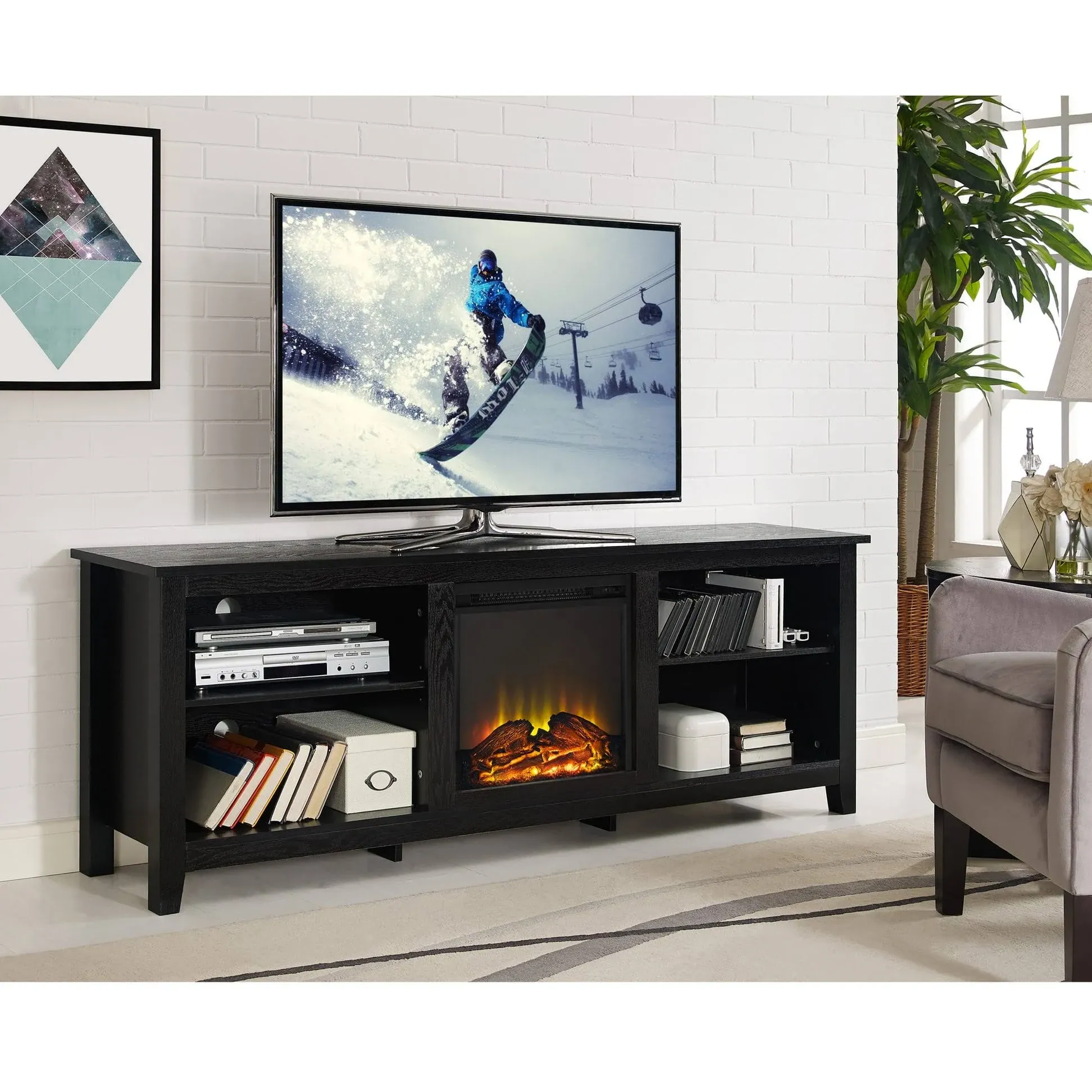 Walker Edison Essential 70&#034; Modern Wood Electric Fireplace TV Stand in Black