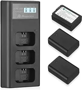 Powerextra NP-FW50 Battery and 3 Channel Charger LCD Display Compatible with Sony ZV-E10 A6000 A6500 A6300 A7 A7II A7SII A7S A7S2 A7R A7R2 A7RII A55 A510 RX10 RX10II Camera