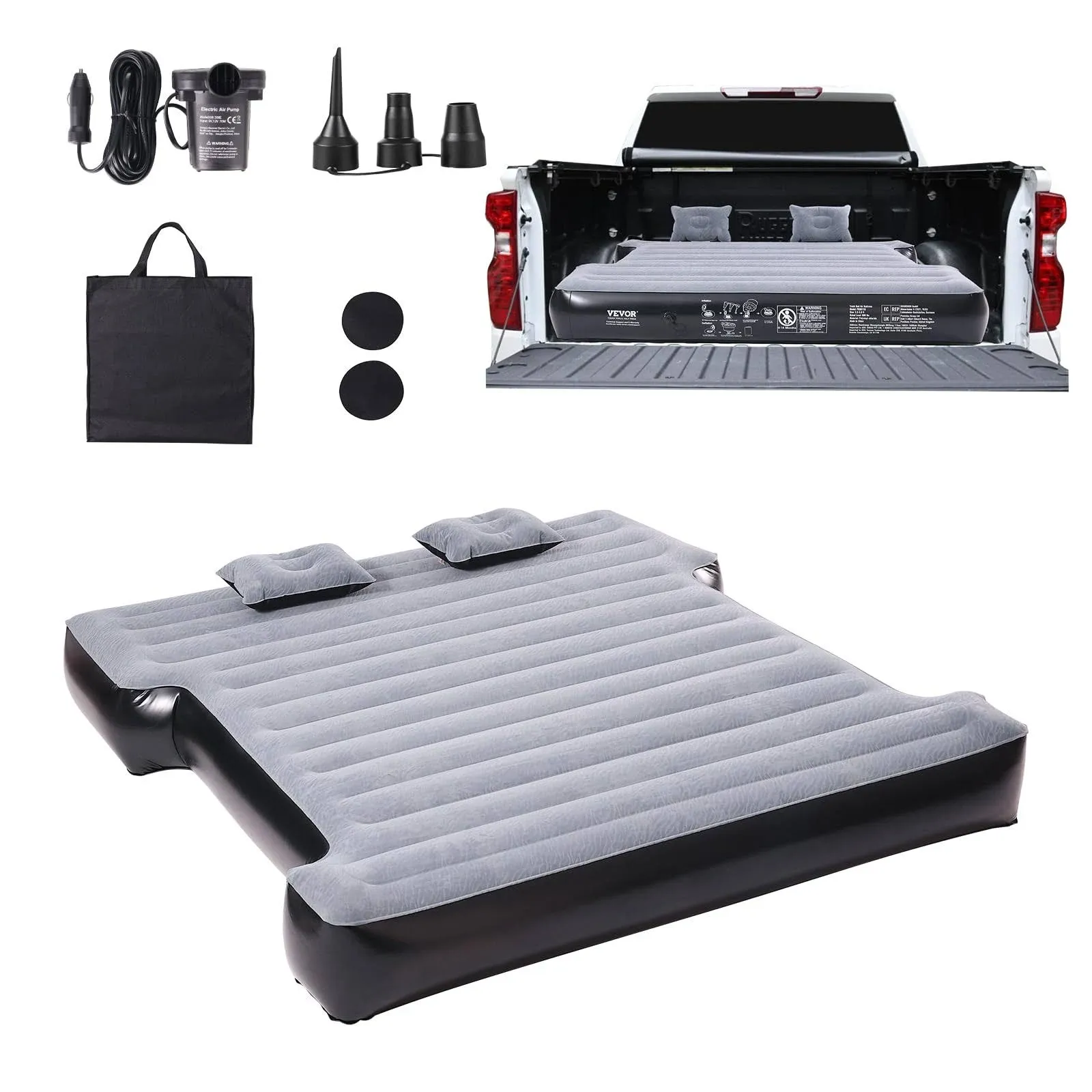 VEVOR Truck Bed Air Mattress, for 5.5-5.8 ft Full Size Short Truck Beds, Inflatable Air Mattress Camping Bed with 12V Air Pump 2 Pillows, Carry Bag, for Silverado, RAM, F Series, Sierra, Titan, Tundra  | VEVOR US