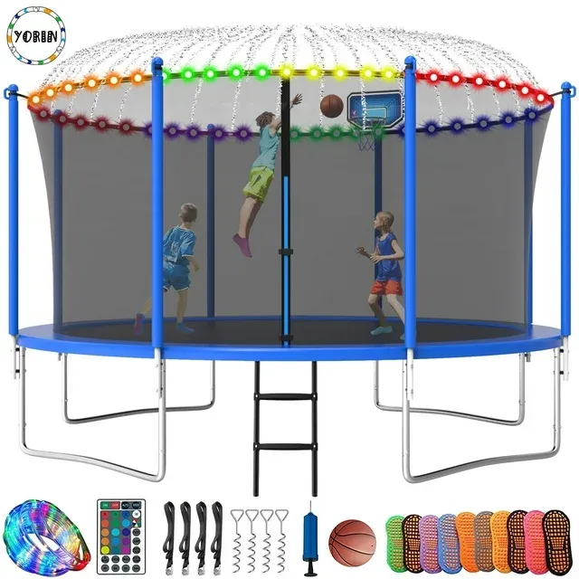 YORIN Trampoline, 1200LBS 12FT 14FT Trampoline for 6-7 Kids with Enclosure, Basketball Hoop for Adults/ Kids, Outdoor Trampoline with Sprinkler, Light, Socks, Ladder, Recreational Backyard Trampoline