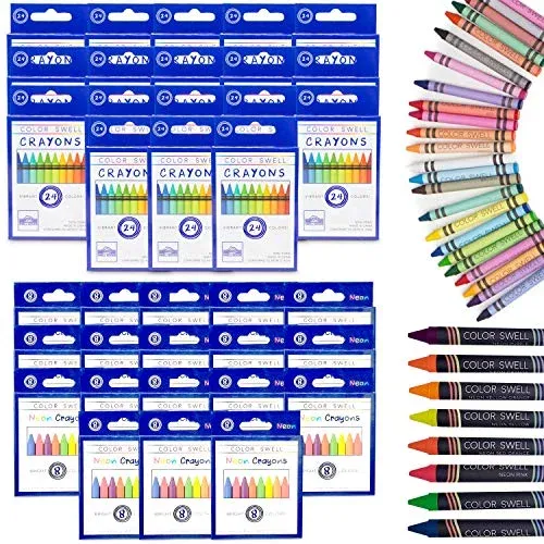 Color Swell Mixed Crayon Bulk Packs - 18 Boxes of Neon and 18 Boxes of Regular Crayons