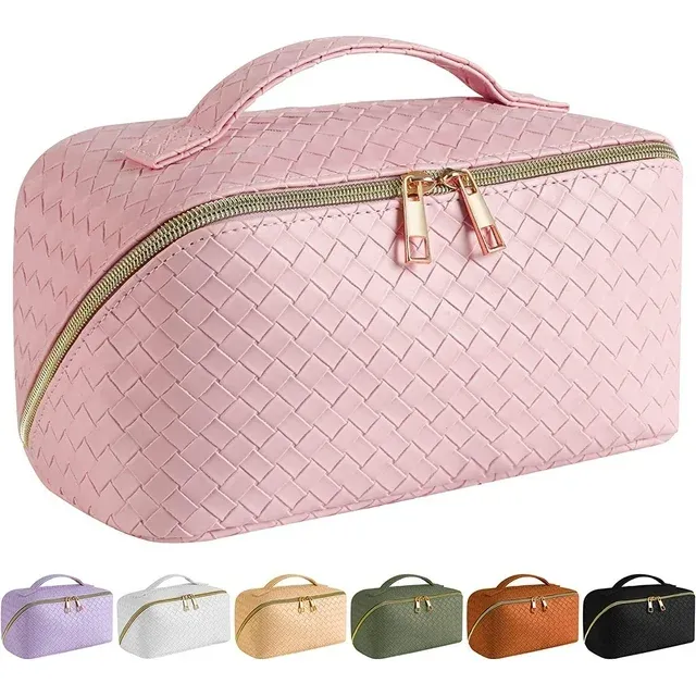 SFXULIX Large Capacity Travel Cosmetic Bag - Makeup Bag, PU Leather Waterproof Women Portable With Handle and Divider Flat Lay Organizer