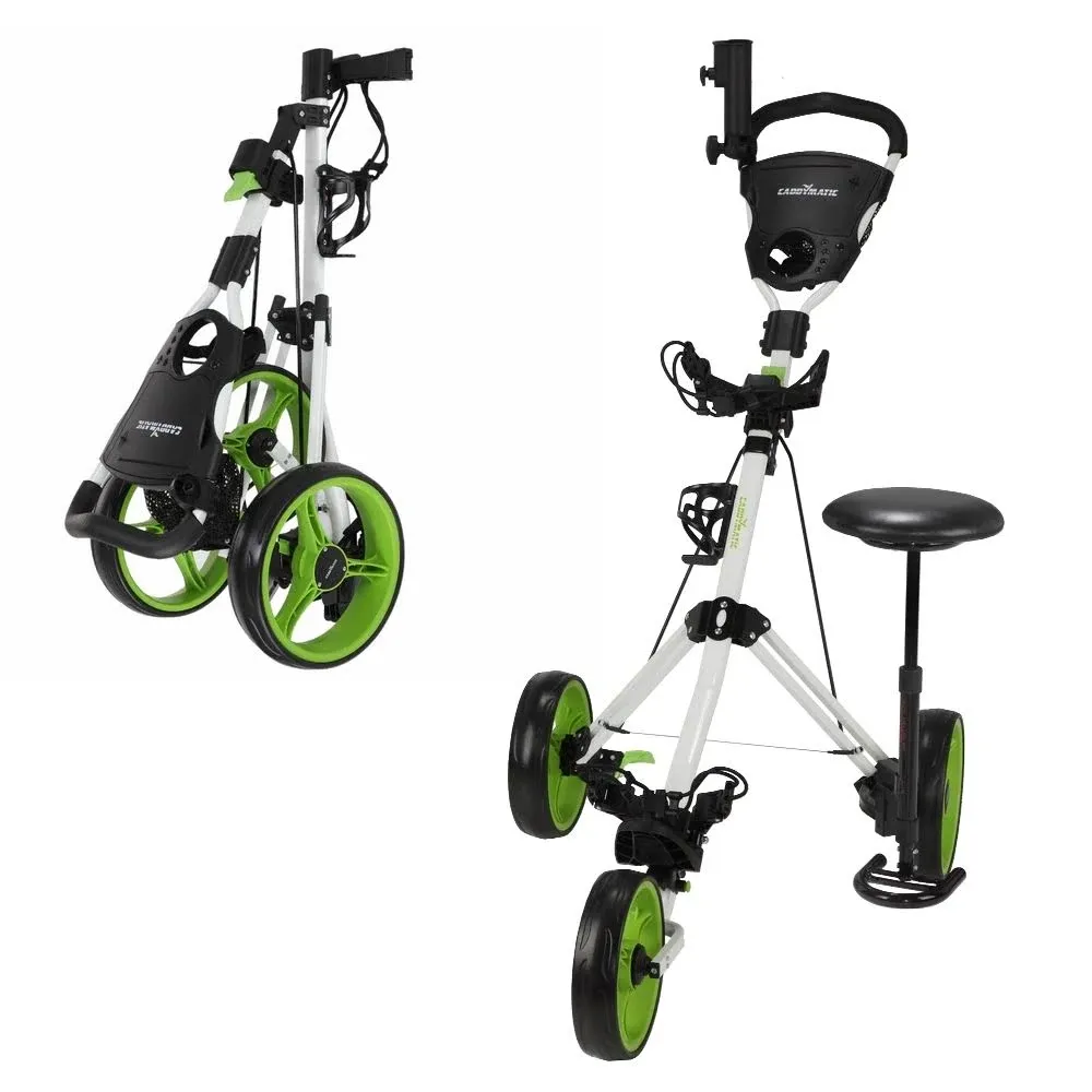 Caddymatic Golf X-Treme 3 Wheel Push/Pull Golf Cart with Seat White/Green