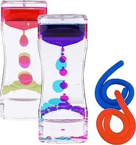 Liquid Motion Bubbler Sensory Toys – 4 Pc Set Bundle Stretchy String Fidget Toys Timer Water Oil Toy for Stress Relief and Anxiety Relief Great for ADHD AutHD Autism ADD Hyperactivity Relaxation figit