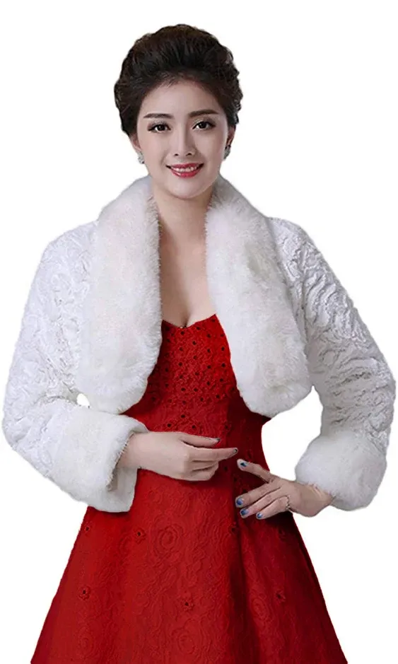 Oncefirst Women's Winter Faux Fur Wedding Jacket for Bride Wrap Shawl Bolero Jacket