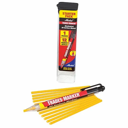 MARKAL Paint Marker: Mechanical Grease Pencil Kit, 3 mm Tip Wd, Flat, Yellow, Wax, Yellow