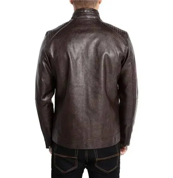 Men's Stand Collar Leather Jacket Motorcycle Lightweight Faux Leather Outwear