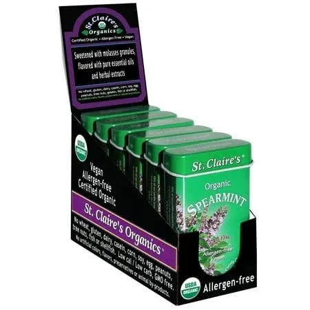 St. Claire's Organic Breath Mints, (Spearmint, 1.5 Ounce Tin, Pack of 6) | Gluten-Free, Vegan, GMO-Free, Plant-Based, Allergen-Free | Made in The USA