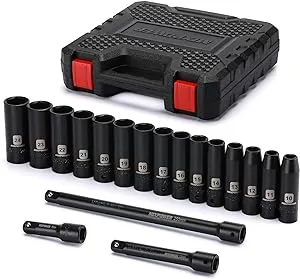 MIXPOWER 18 Pieces 1/2-Inch Drive Deep Impact Socket Set, Includes 10mm to 24mm, 3", 5", 10" Extension bars, CR-V, 6 Point Metric Socket Set