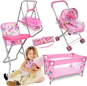 Stroller For Dolls Baby Doll Stroller Set Fits 16" Dolls - 4 Pcs Baby Doll Playset with Foldable Doll Stroller,Doll Crib,Doll High Chair,Swing Baby Doll Accessories Christmas Birthday Gift for Kids