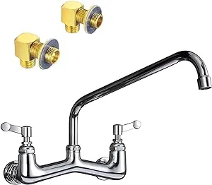 8 Inch Center Commercial Faucet Wall Mount Kitchen Faucet with Swing Spout, Heavy Duty Wall Mount Faucets Brass Chrome Brushed Wall Mounted Kitchen Sink Faucets (8 inch Center,14 inch spout)