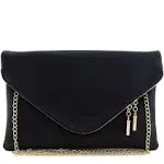 FashionPuzzle Large Envelope Clutch Bag with Chain Strap Black