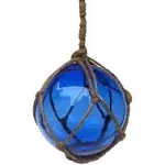 Handcrafted Decor 4 Blue Glass - Old Blue Japanese Glass Ball Fishing Float with Brown Netting Decoration, 4 in.