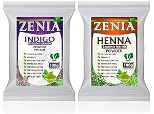 Zenia 100% Pure Indigo Powder and Henna Powder Hair Color Combo Kit | for Coloring Hair and Beard Black | 100 Grams Each | All Natural, Chemical Free, PPD-free, Ammonia-free