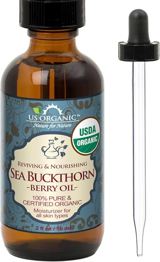 US Organic Sea Buckthorn Berry (Fruit) Oil, Supercritical CO2 extracted, USDA Certified Organic,100% Pure Virgin, Unrefined in Amber Glass Bottle, Face, Hair, spot Treatment, Anti Aging, 2 oz (56 ml)