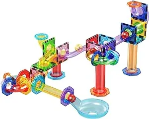 PicassoTiles Marble Run 60 Piece Race Track Magnetic Tiles Magnet Building Block Educational Construction Toy Set Playset STEM Learning Kit Child Brain Development HandEye Coordination Training PTG60